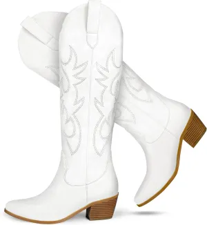 STALOV Cowboy Boots for Women,Western Pointed Toe Chunky Heel Pull-On Knee High Cowgirl Boots Fashion Embroidered Tall