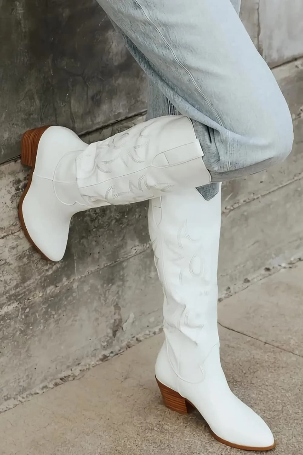 STALOV Cowboy Boots for Women,Western Pointed Toe Chunky Heel Pull-On Knee High Cowgirl Boots Fashion Embroidered Tall