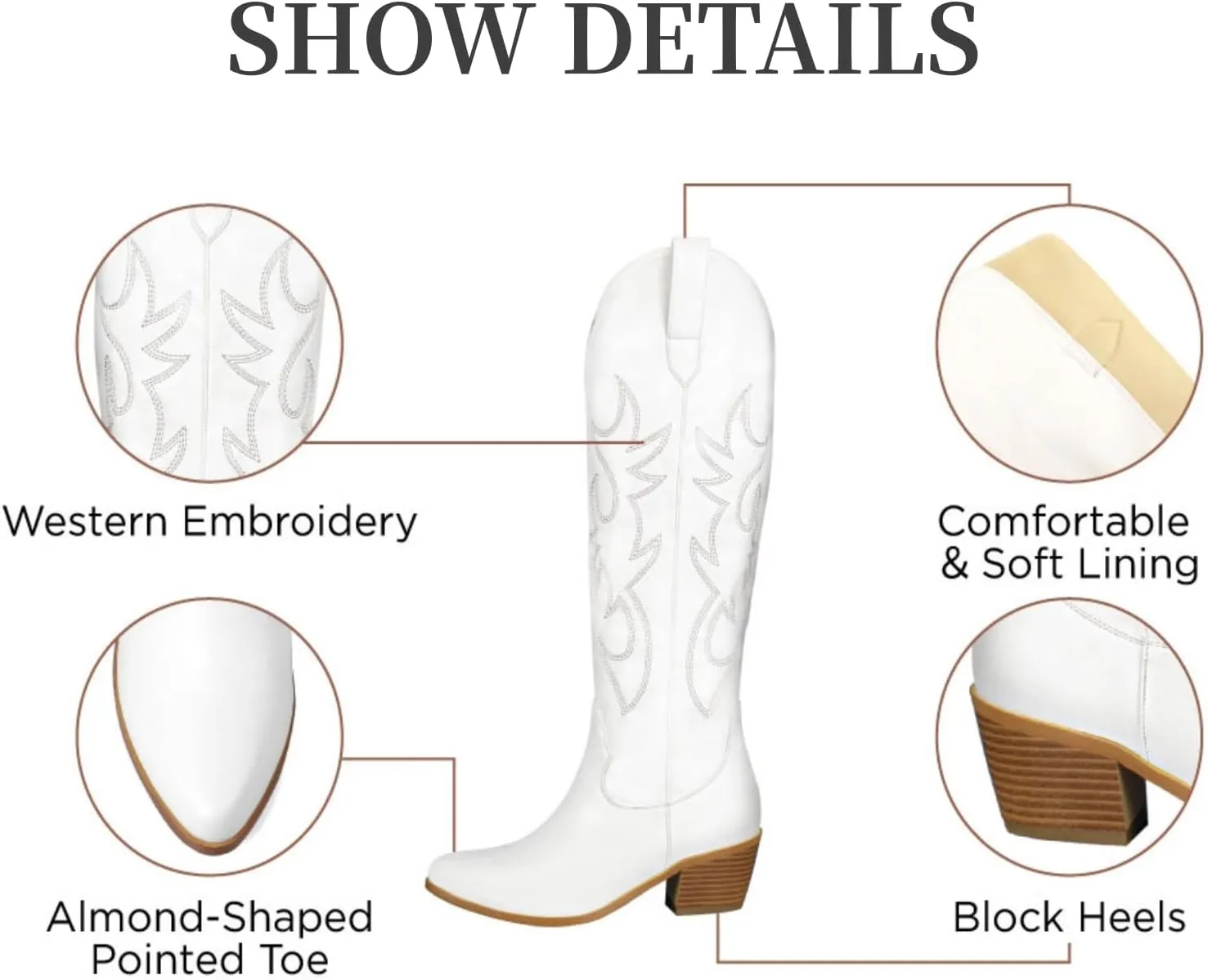 STALOV Cowboy Boots for Women,Western Pointed Toe Chunky Heel Pull-On Knee High Cowgirl Boots Fashion Embroidered Tall