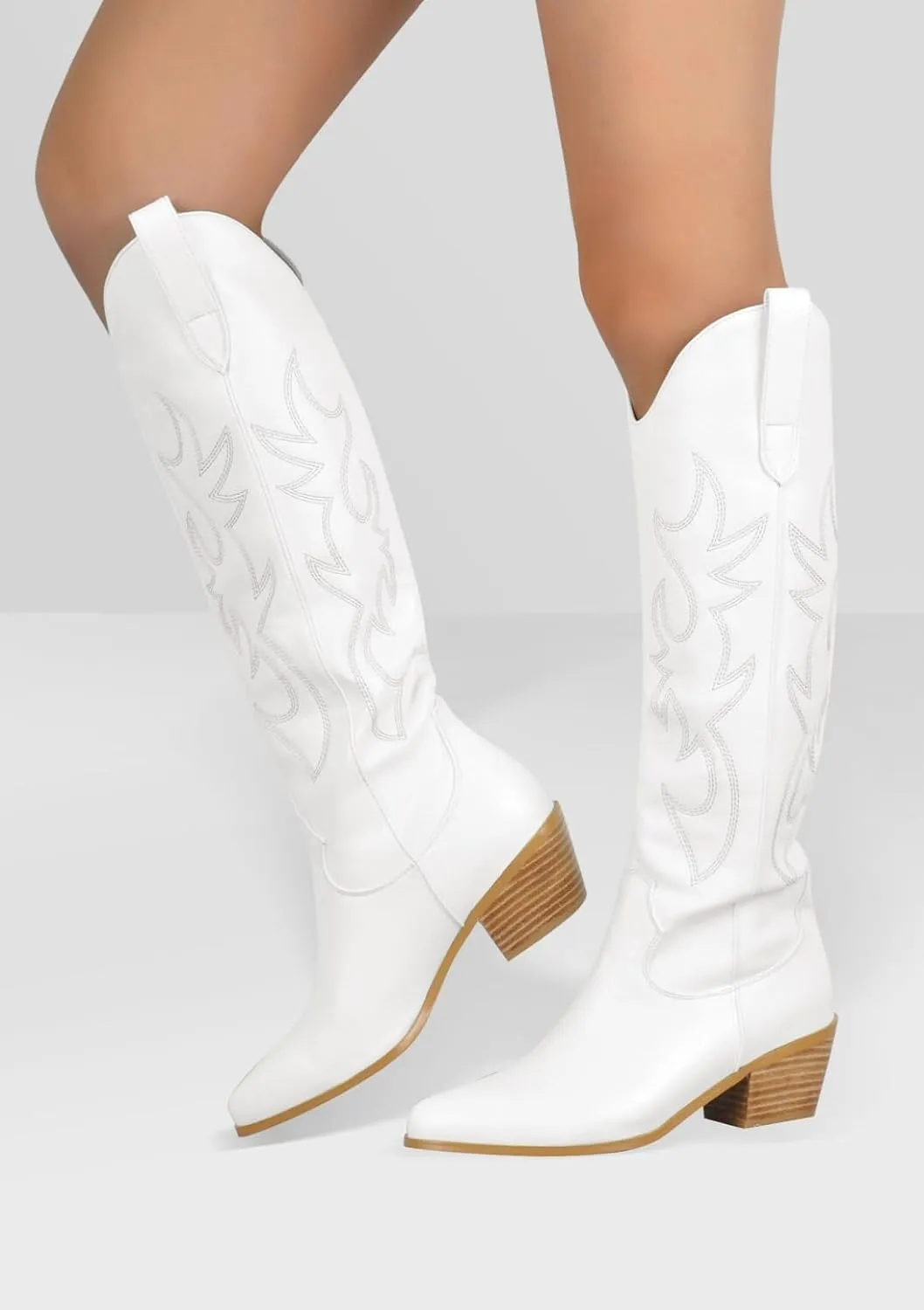STALOV Cowboy Boots for Women,Western Pointed Toe Chunky Heel Pull-On Knee High Cowgirl Boots Fashion Embroidered Tall