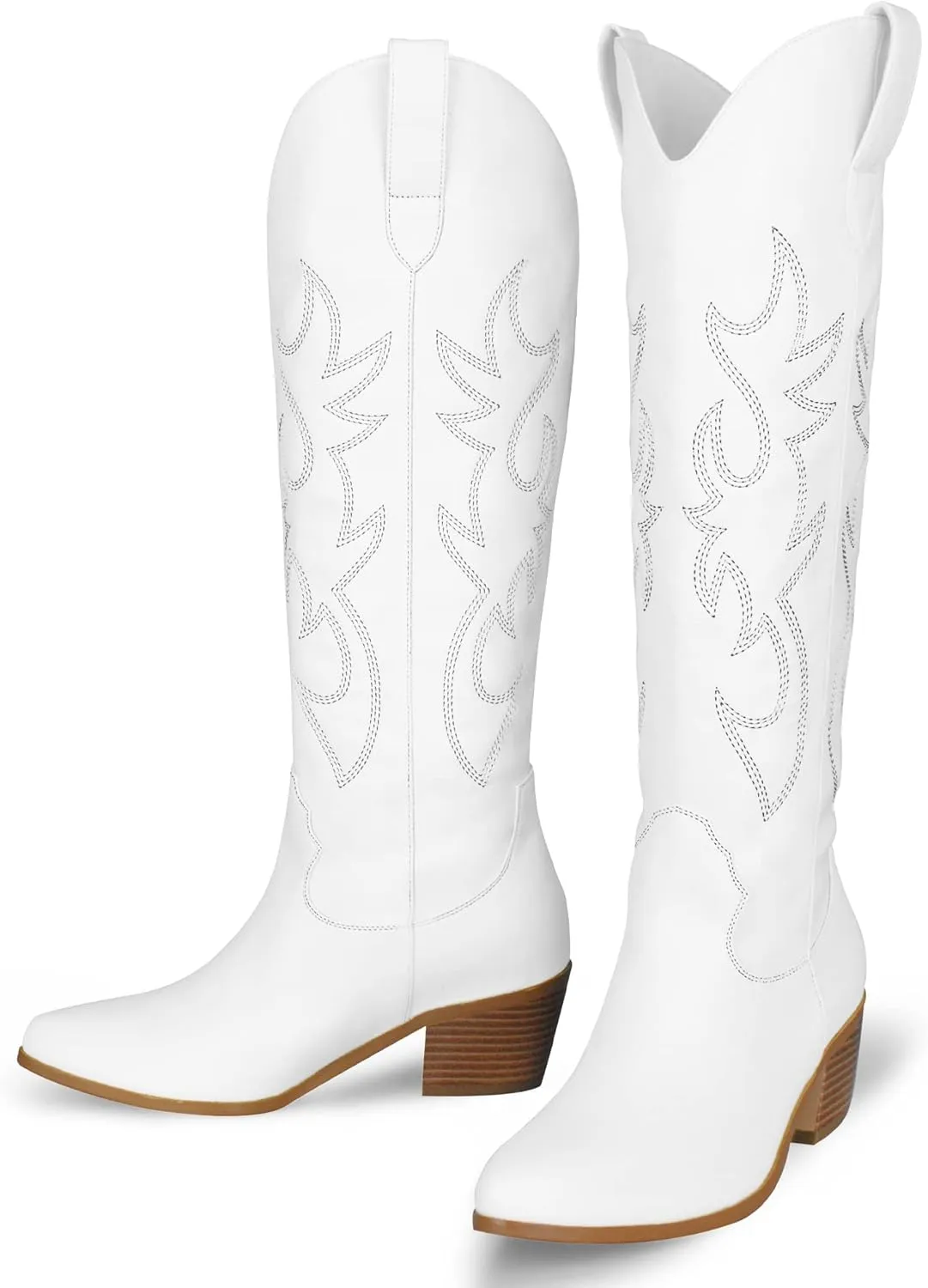 STALOV Cowboy Boots for Women,Western Pointed Toe Chunky Heel Pull-On Knee High Cowgirl Boots Fashion Embroidered Tall