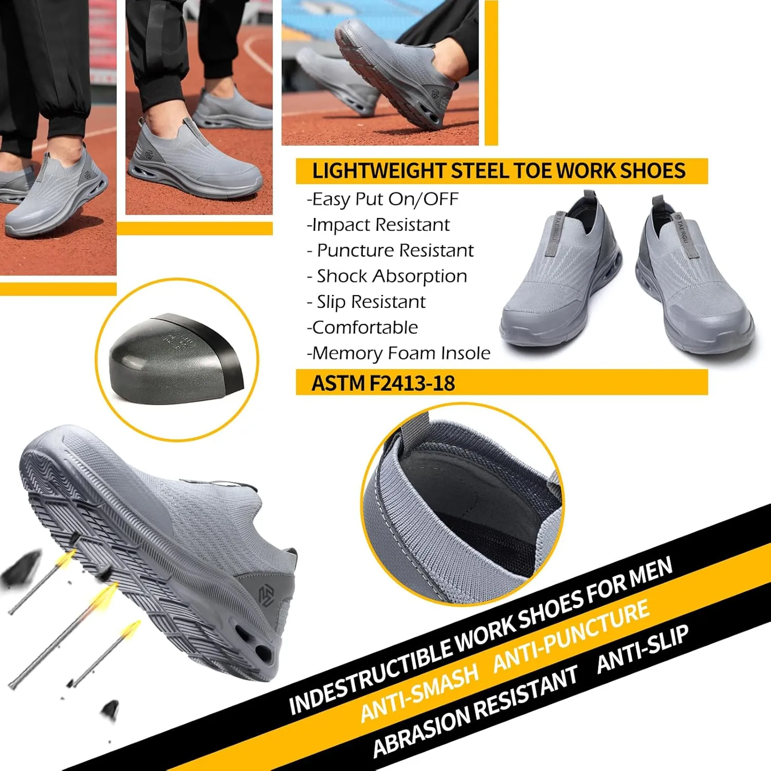 Steel Toe Shoes Men Lightweight Comfortable Work Shoes Slip On Safety Shoe Walking Sneakers Puncture Proof Loafers