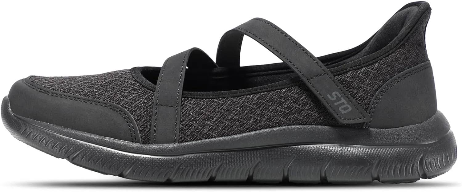 STQ Wide Toe Box Sneakers Womens Adjustable Mary Jane Walking Shoes