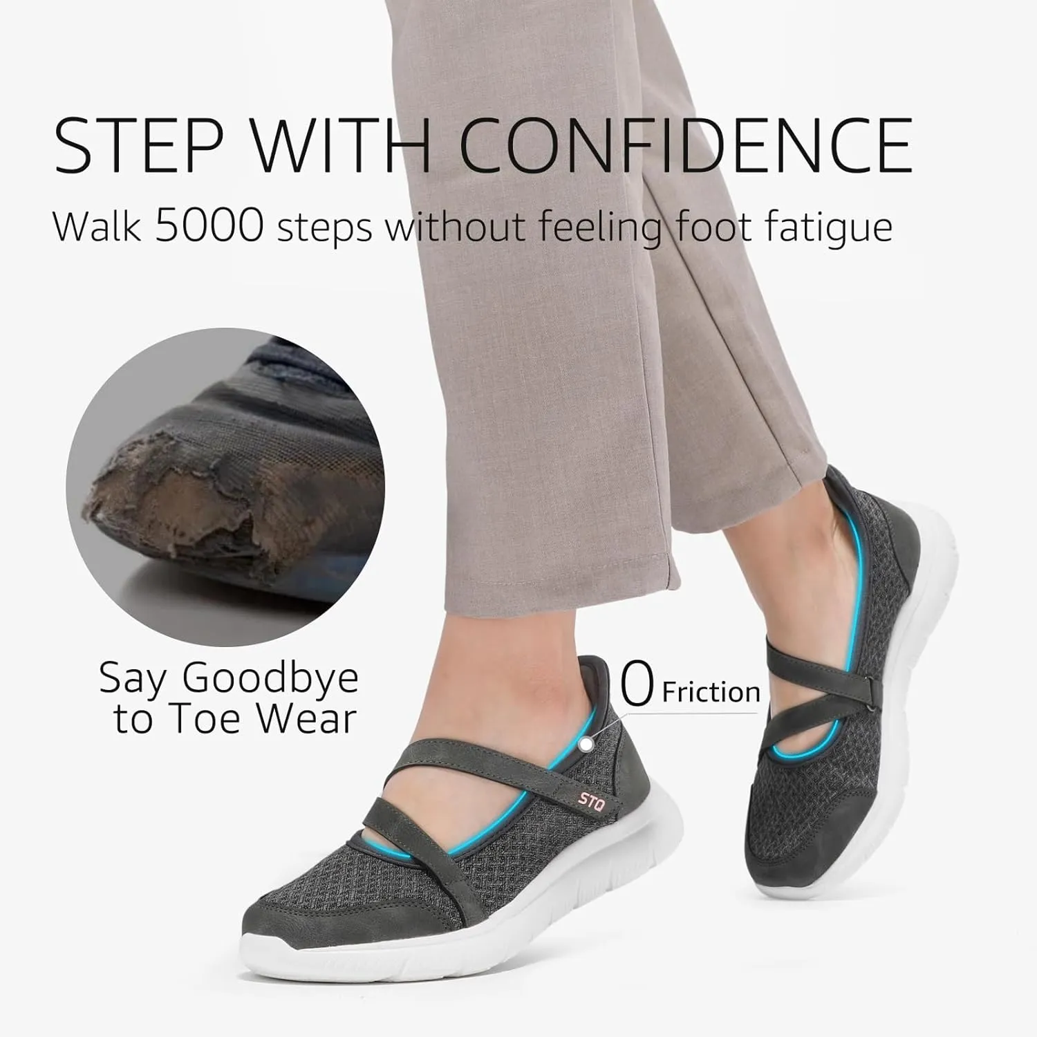 STQ Wide Toe Box Sneakers Womens Adjustable Mary Jane Walking Shoes