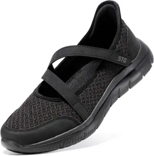 STQ Wide Toe Box Sneakers Womens Adjustable Mary Jane Walking Shoes