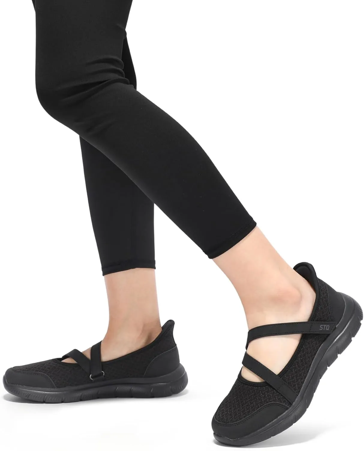 STQ Wide Toe Box Sneakers Womens Adjustable Mary Jane Walking Shoes