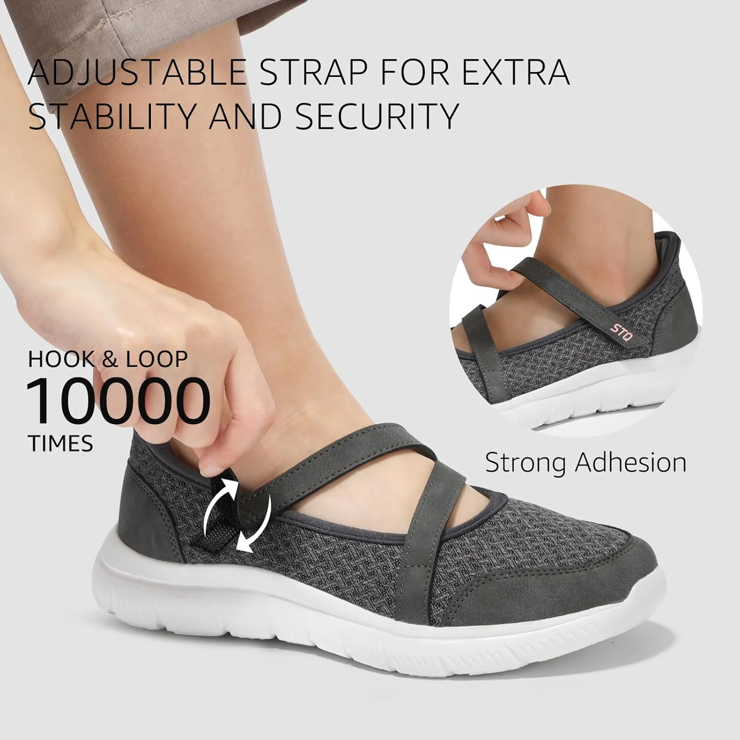 STQ Wide Toe Box Sneakers Womens Adjustable Mary Jane Walking Shoes