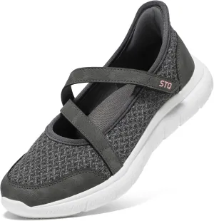 STQ Wide Toe Box Sneakers Womens Adjustable Mary Jane Walking Shoes