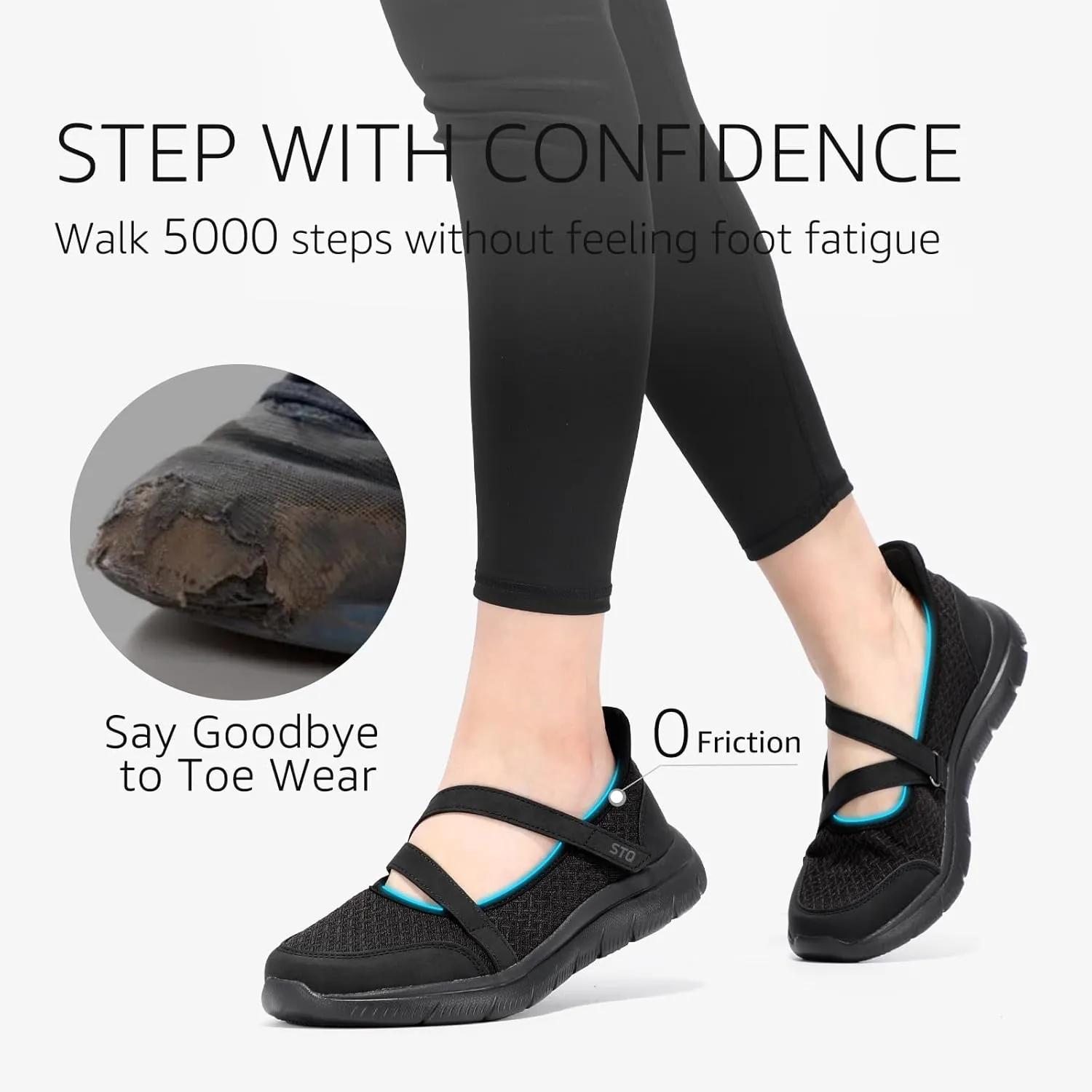 STQ Wide Toe Box Sneakers Womens Adjustable Mary Jane Walking Shoes