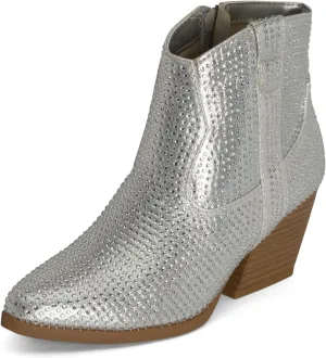 STYLISH S BLING ~ Womens Sparkly Rhinestone Western Cowgirl Ankle Boots Low Stacked Heel Pointed Toe with Side Zipper