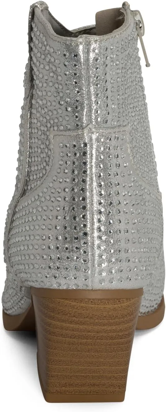 STYLISH S BLING ~ Womens Sparkly Rhinestone Western Cowgirl Ankle Boots Low Stacked Heel Pointed Toe with Side Zipper