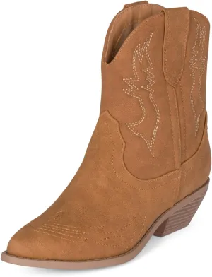 STYLISH S BUCK Women's Western Cowboy Ankle Boots – Pointed Toe, Low Stacked Heel, Slip-On, Stitched Design, Synthetic PU, Comfortable Cowgirl Booties for Western Fashion/Outdoor Wear