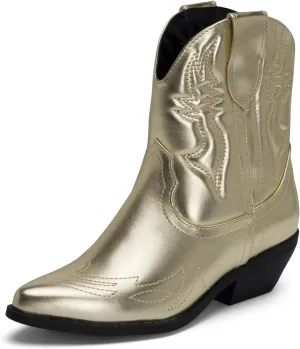 STYLISH S BUCK Women's Western Cowboy Ankle Boots – Pointed Toe, Low Stacked Heel, Slip-On, Stitched Design, Synthetic PU, Comfortable Cowgirl Booties for Western Fashion/Outdoor Wear