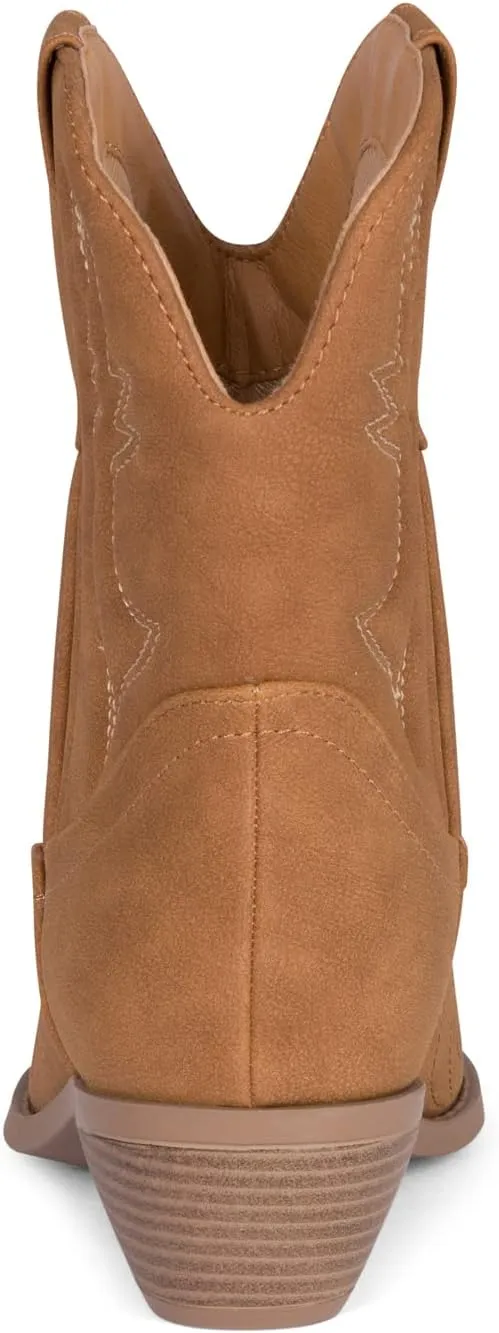 STYLISH S BUCK Women's Western Cowboy Ankle Boots – Pointed Toe, Low Stacked Heel, Slip-On, Stitched Design, Synthetic PU, Comfortable Cowgirl Booties for Western Fashion/Outdoor Wear