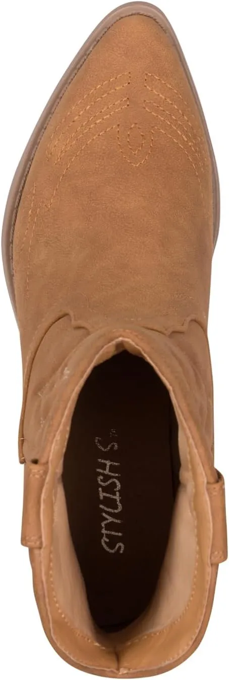 STYLISH S BUCK Women's Western Cowboy Ankle Boots – Pointed Toe, Low Stacked Heel, Slip-On, Stitched Design, Synthetic PU, Comfortable Cowgirl Booties for Western Fashion/Outdoor Wear
