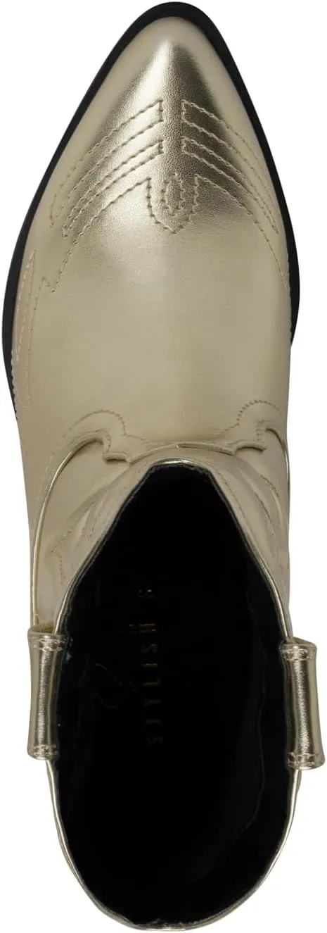 STYLISH S BUCK Women's Western Cowboy Ankle Boots – Pointed Toe, Low Stacked Heel, Slip-On, Stitched Design, Synthetic PU, Comfortable Cowgirl Booties for Western Fashion/Outdoor Wear