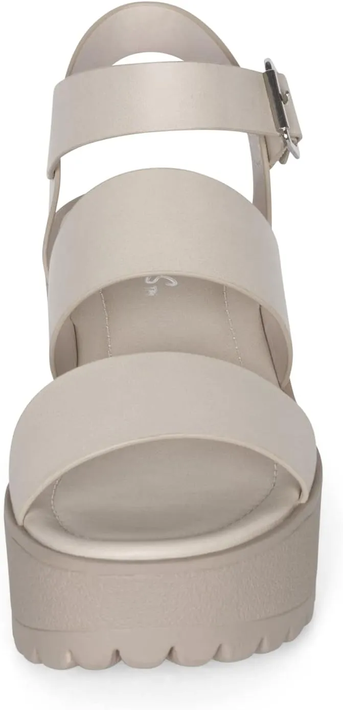 STYLISH S MARIA-S - Womens Open Toe Double Band Chunky Block Heel Lug Sole Platform Sandals With Adjustable Ankle Buckle