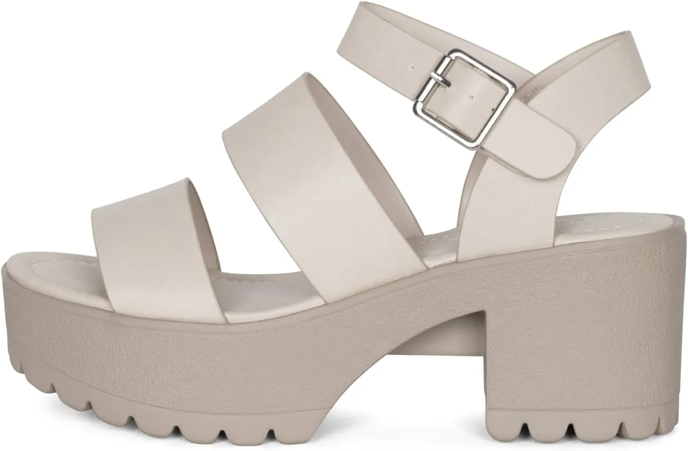STYLISH S MARIA-S - Womens Open Toe Double Band Chunky Block Heel Lug Sole Platform Sandals With Adjustable Ankle Buckle