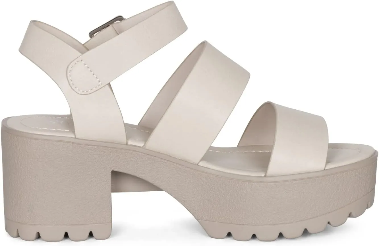 STYLISH S MARIA-S - Womens Open Toe Double Band Chunky Block Heel Lug Sole Platform Sandals With Adjustable Ankle Buckle