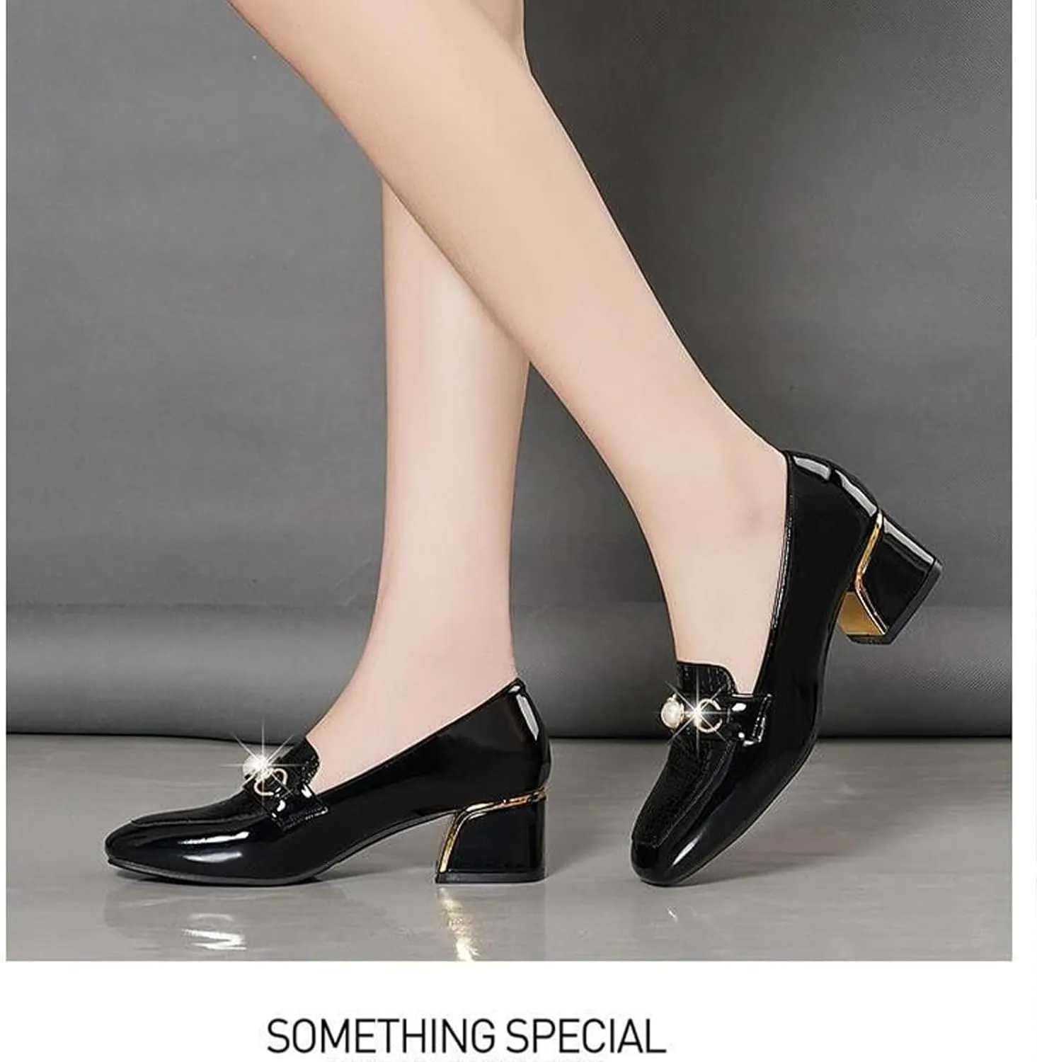 Stylish Women's Patent Leather Print Chunky High Heels Loafers Comfort Round Toe Pearl Metal Buckle Decoration Slip On Dress Shoes for Office Party Walking Formal