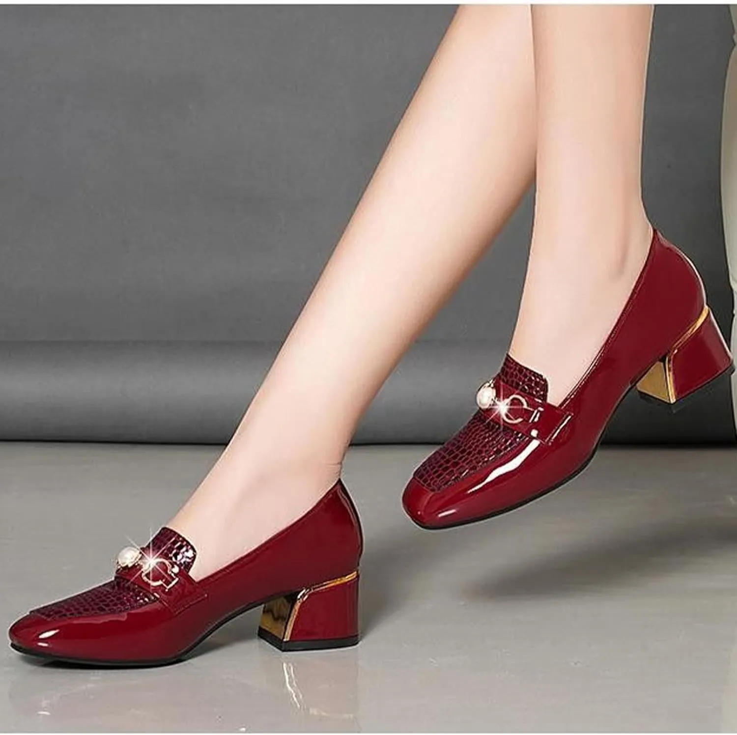 Stylish Women's Patent Leather Print Chunky High Heels Loafers Comfort Round Toe Pearl Metal Buckle Decoration Slip On Dress Shoes for Office Party Walking Formal
