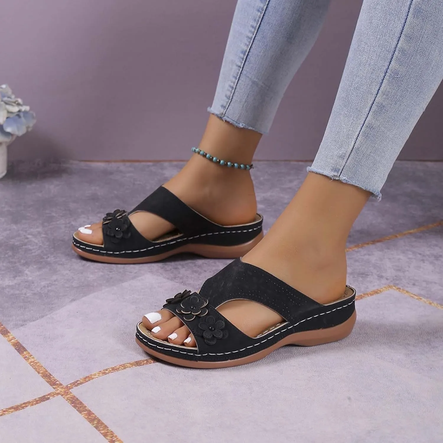 SuanlaTDS Orthopedic Wedge Sandals for Women Dressy Summer 2025, Arch Support Platform Hollow Out Flower Open Toe Slip-on Slides Slippers Low Heel Comfortable Casual Beach Slide Walking Shoes