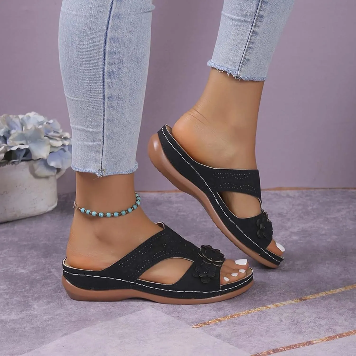 SuanlaTDS Orthopedic Wedge Sandals for Women Dressy Summer 2025, Arch Support Platform Hollow Out Flower Open Toe Slip-on Slides Slippers Low Heel Comfortable Casual Beach Slide Walking Shoes