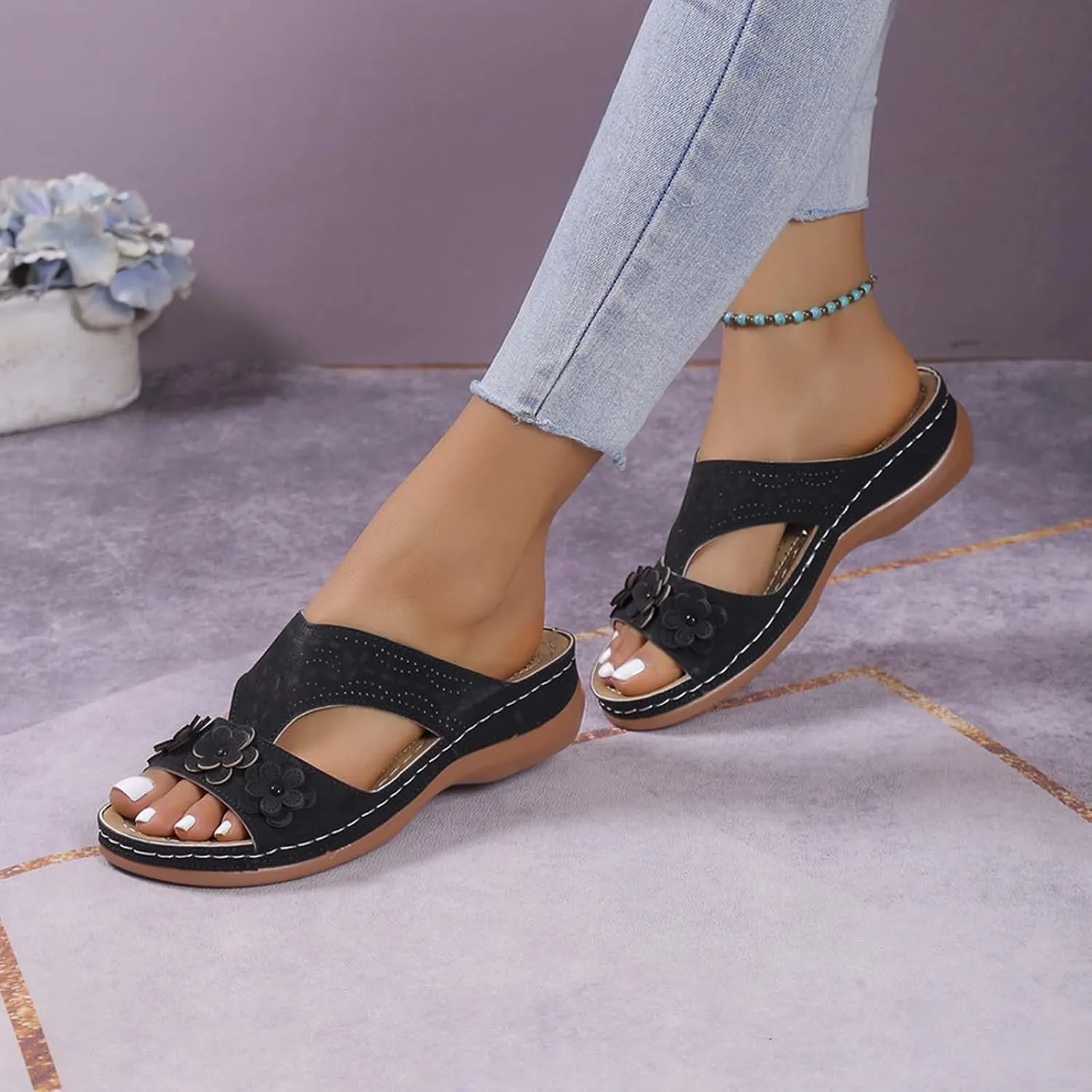 SuanlaTDS Orthopedic Wedge Sandals for Women Dressy Summer 2025, Arch Support Platform Hollow Out Flower Open Toe Slip-on Slides Slippers Low Heel Comfortable Casual Beach Slide Walking Shoes