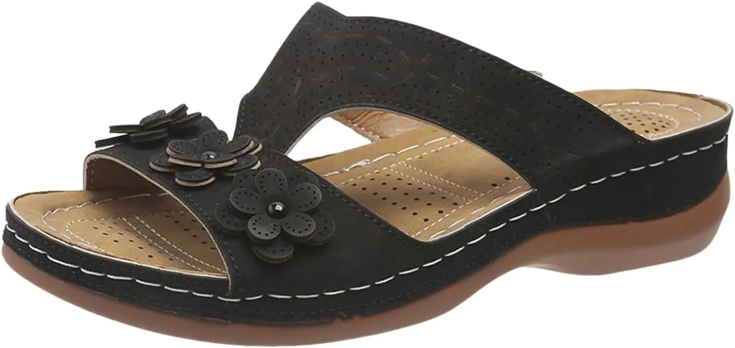 SuanlaTDS Orthopedic Wedge Sandals for Women Dressy Summer 2025, Arch Support Platform Hollow Out Flower Open Toe Slip-on Slides Slippers Low Heel Comfortable Casual Beach Slide Walking Shoes