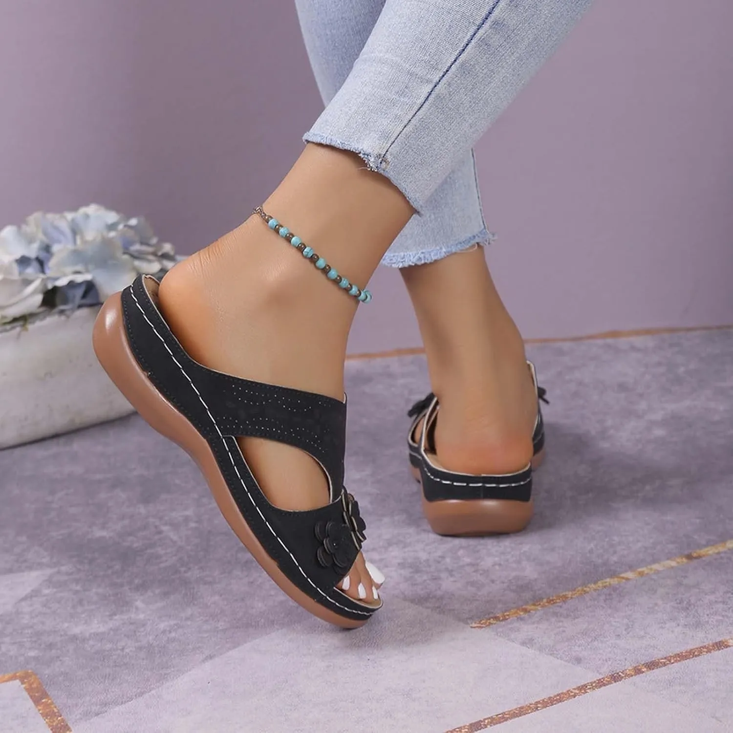 SuanlaTDS Orthopedic Wedge Sandals for Women Dressy Summer 2025, Arch Support Platform Hollow Out Flower Open Toe Slip-on Slides Slippers Low Heel Comfortable Casual Beach Slide Walking Shoes
