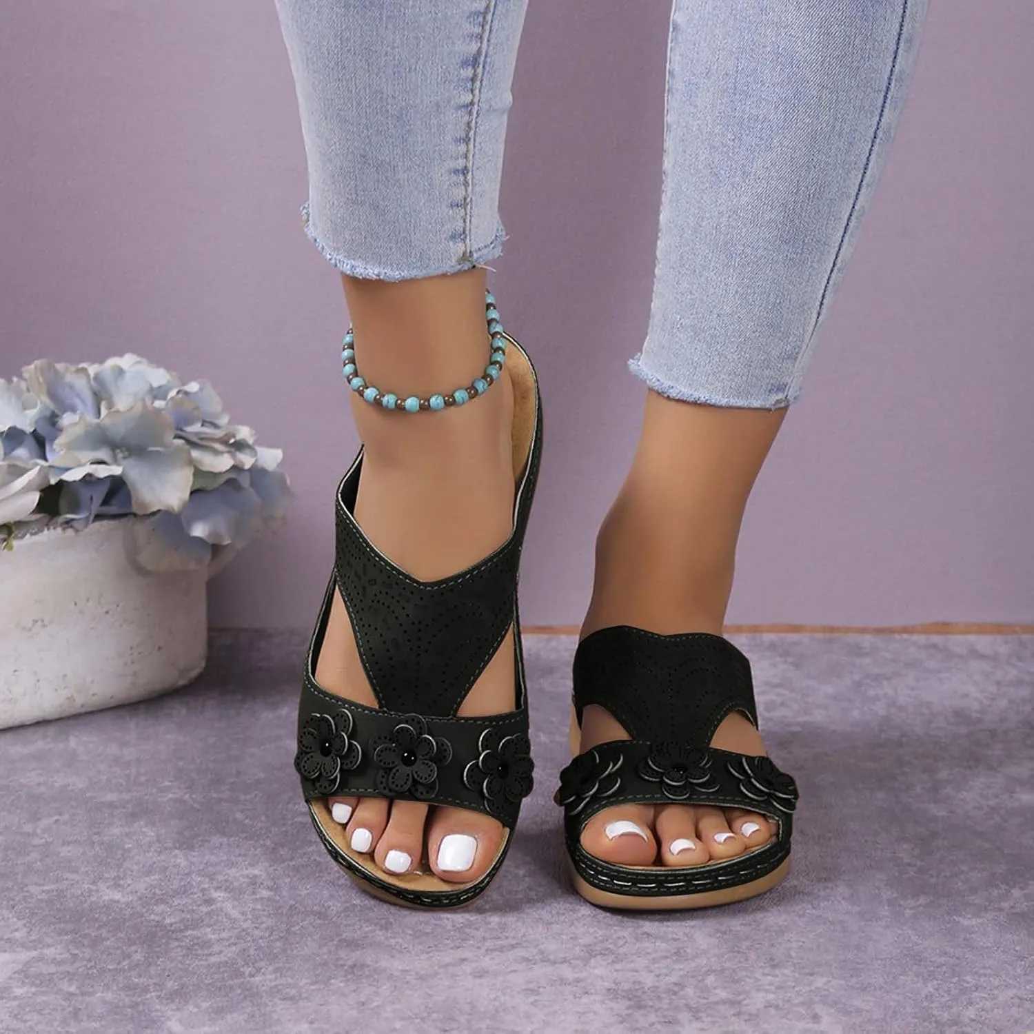 SuanlaTDS Orthopedic Wedge Sandals for Women Dressy Summer 2025, Arch Support Platform Hollow Out Flower Open Toe Slip-on Slides Slippers Low Heel Comfortable Casual Beach Slide Walking Shoes