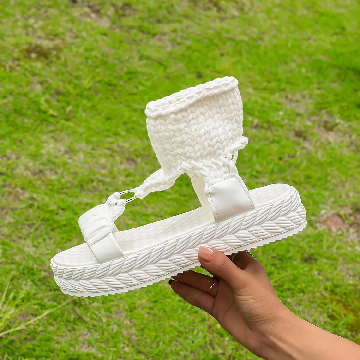 SuanlaTDS PlatformSandals for Women Comfortable Knitted Ankle Wrap Open Toe Slip On Slides Thick Sole Low heels Casual Summer Beach Outdoor Walking Gladiator Sandal Roman Shoes