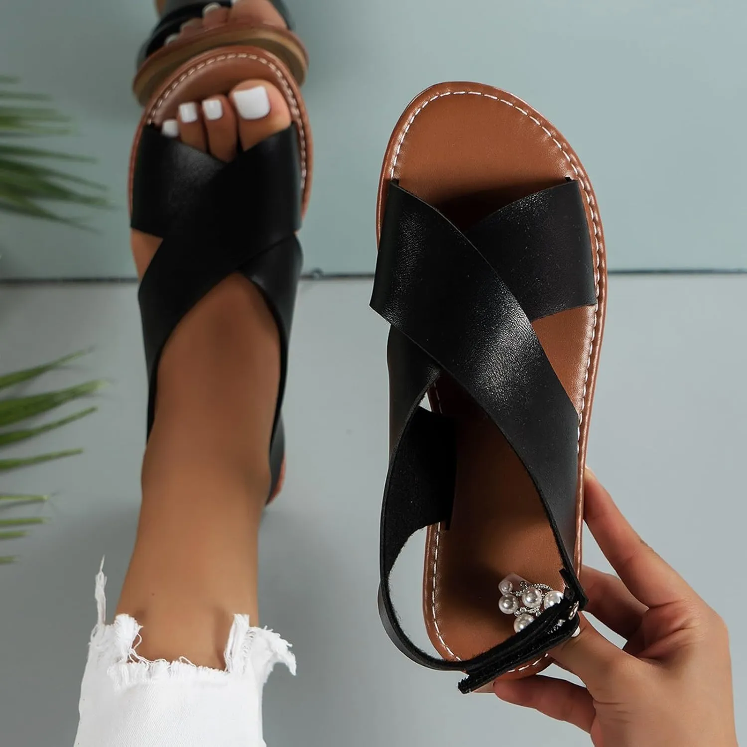 SuanlaTDS Summer Sandals for Women Flat Comfortable Dressy 2025 Crisscross Open Toe Low Heel Beach Walking Shoes Bohemian Outdoor Casual Party Adjustable Ankle Strap Slingback Flats Sandal