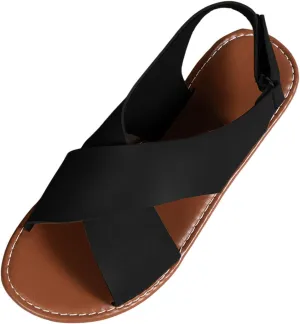 SuanlaTDS Summer Sandals for Women Flat Comfortable Dressy 2025 Crisscross Open Toe Low Heel Beach Walking Shoes Bohemian Outdoor Casual Party Adjustable Ankle Strap Slingback Flats Sandal