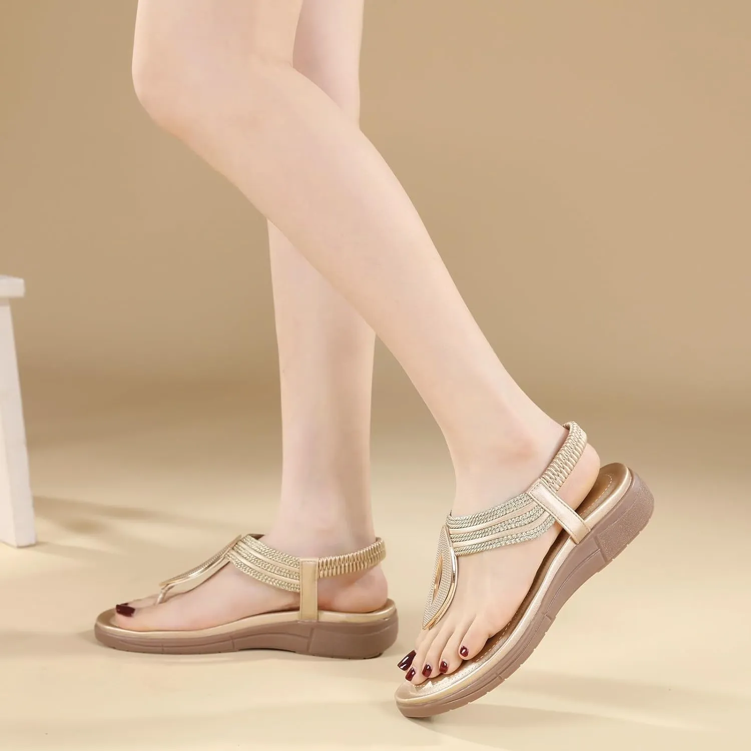 SuanlaTDS Wedge Sandals for Women Elastic Ankle Strap T-Strap Thong Flip Flops Low Heels Comfortable Casual Ladies Wide Width Open Toe Gladiator Sandals Platform Summer Walking Shoes