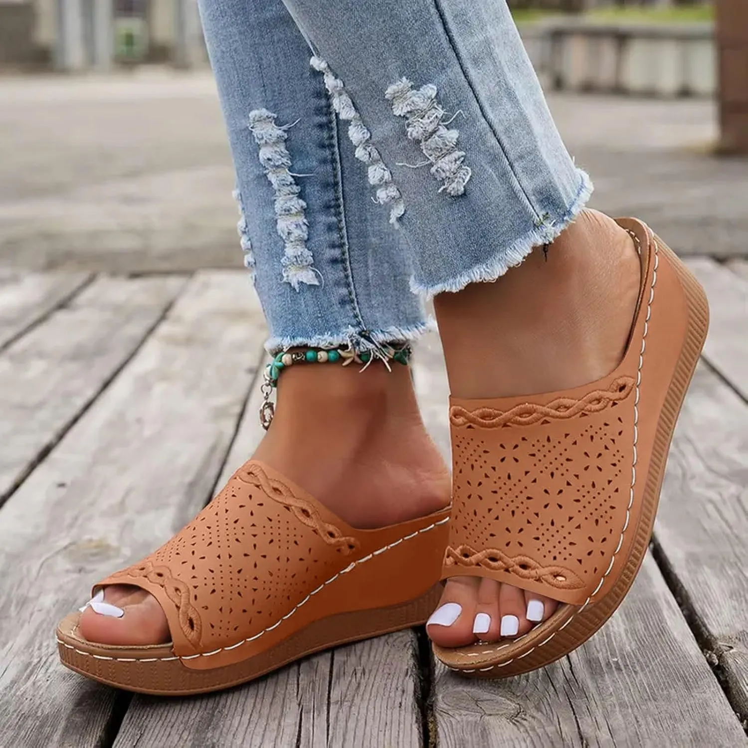 SuanlaTDS Wedge Sandals For Women Orthopedic Platform Arch Support Comfortable Dressy Summer 2025 Hollow Out Open Toe Casual Slip-on Walking Beach Shoes Low Heel Wedges Slippers
