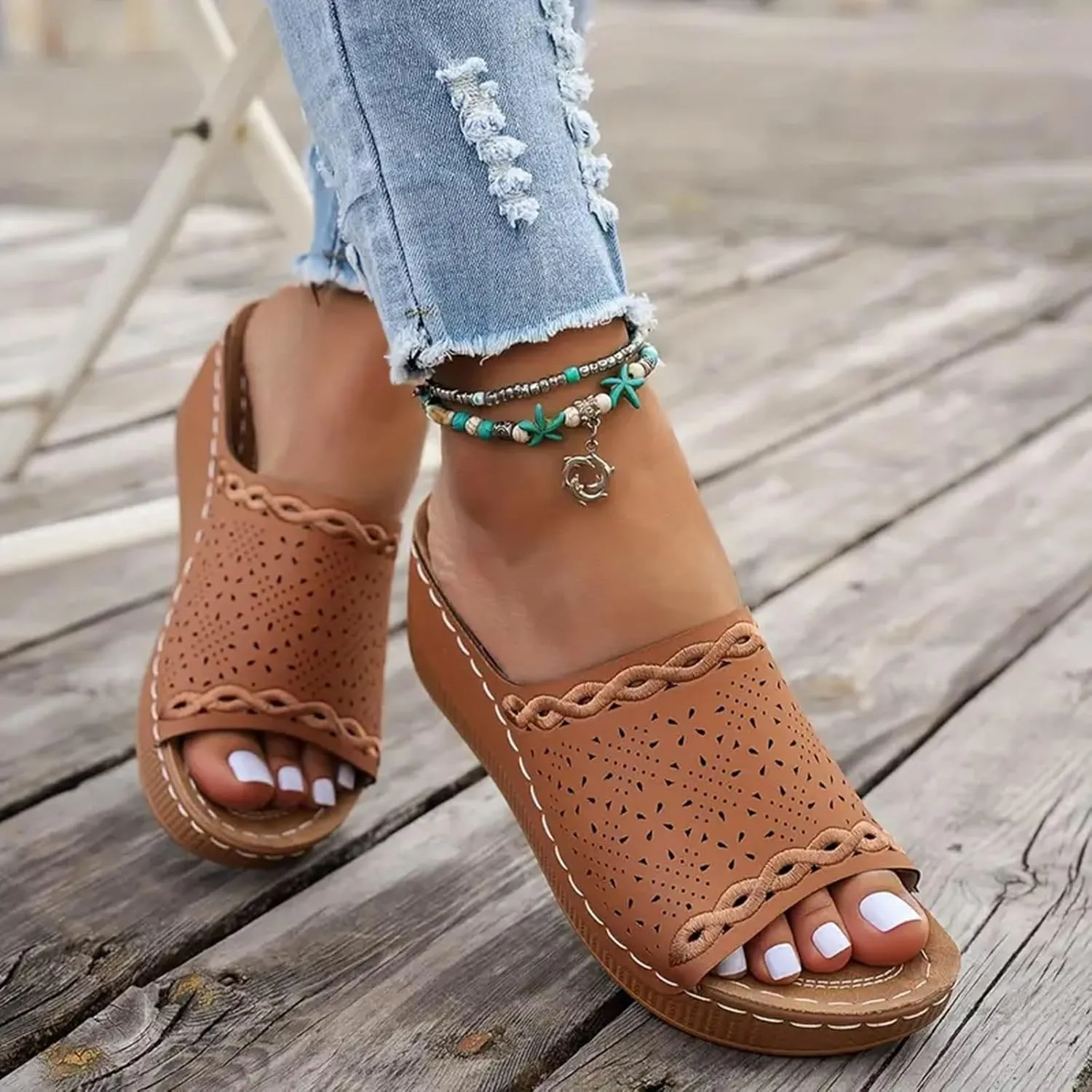 SuanlaTDS Wedge Sandals For Women Orthopedic Platform Arch Support Comfortable Dressy Summer 2025 Hollow Out Open Toe Casual Slip-on Walking Beach Shoes Low Heel Wedges Slippers