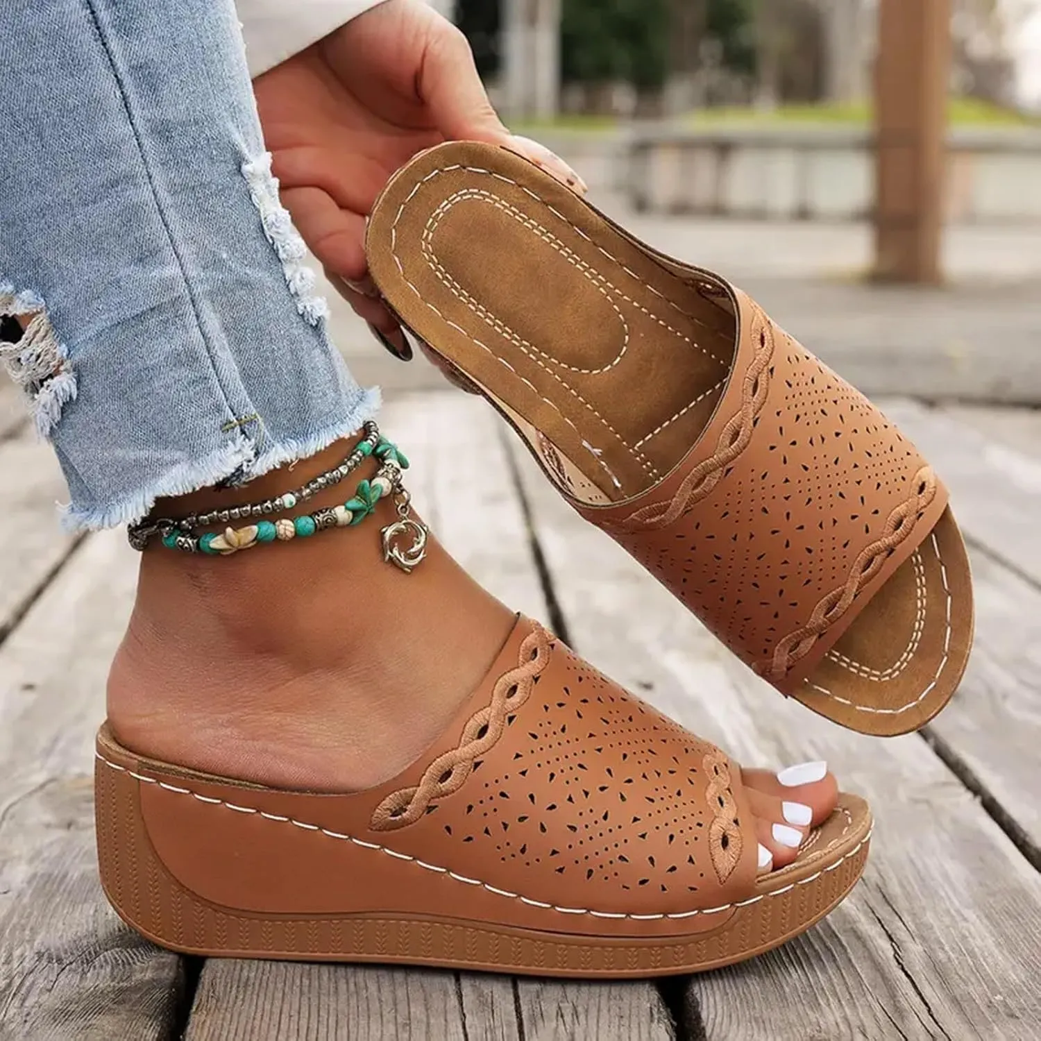 SuanlaTDS Wedge Sandals For Women Orthopedic Platform Arch Support Comfortable Dressy Summer 2025 Hollow Out Open Toe Casual Slip-on Walking Beach Shoes Low Heel Wedges Slippers