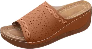 SuanlaTDS Wedge Sandals For Women Orthopedic Platform Arch Support Comfortable Dressy Summer 2025 Hollow Out Open Toe Casual Slip-on Walking Beach Shoes Low Heel Wedges Slippers