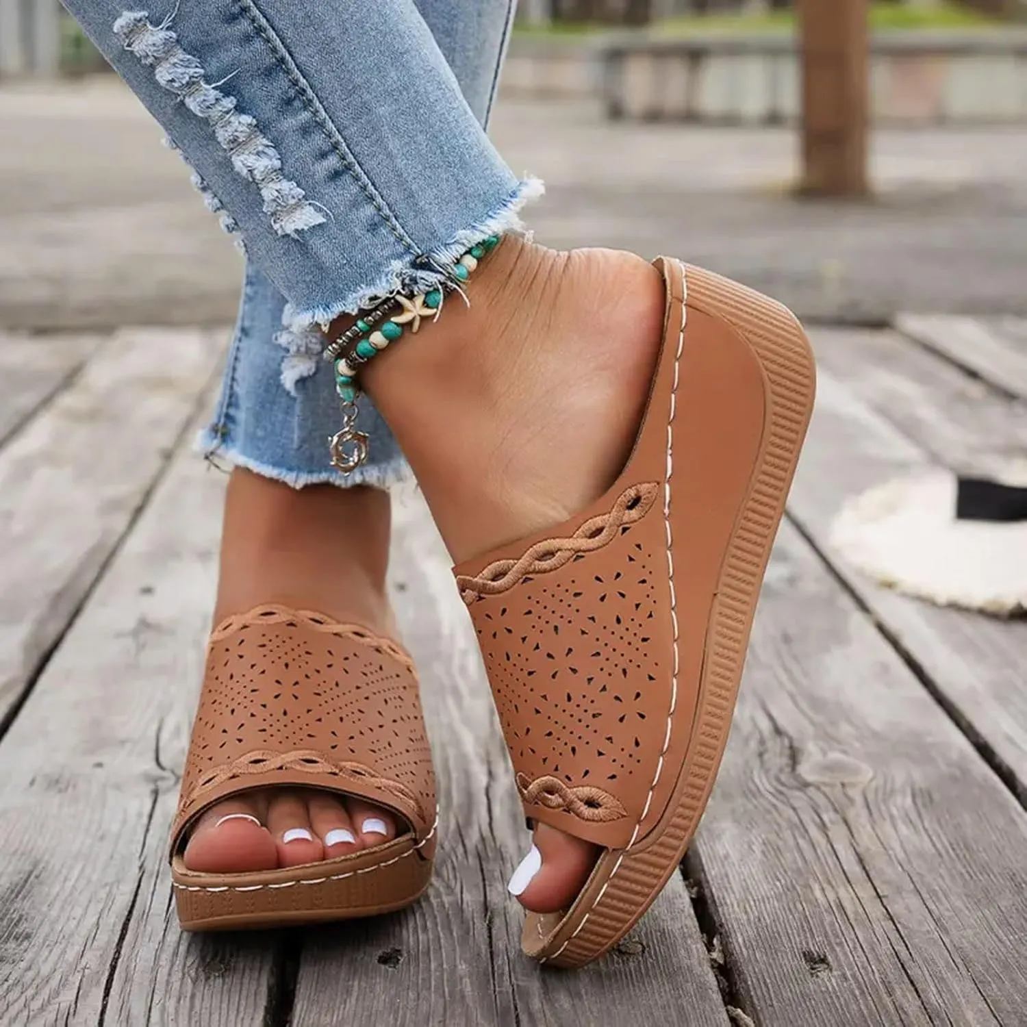 SuanlaTDS Wedge Sandals For Women Orthopedic Platform Arch Support Comfortable Dressy Summer 2025 Hollow Out Open Toe Casual Slip-on Walking Beach Shoes Low Heel Wedges Slippers