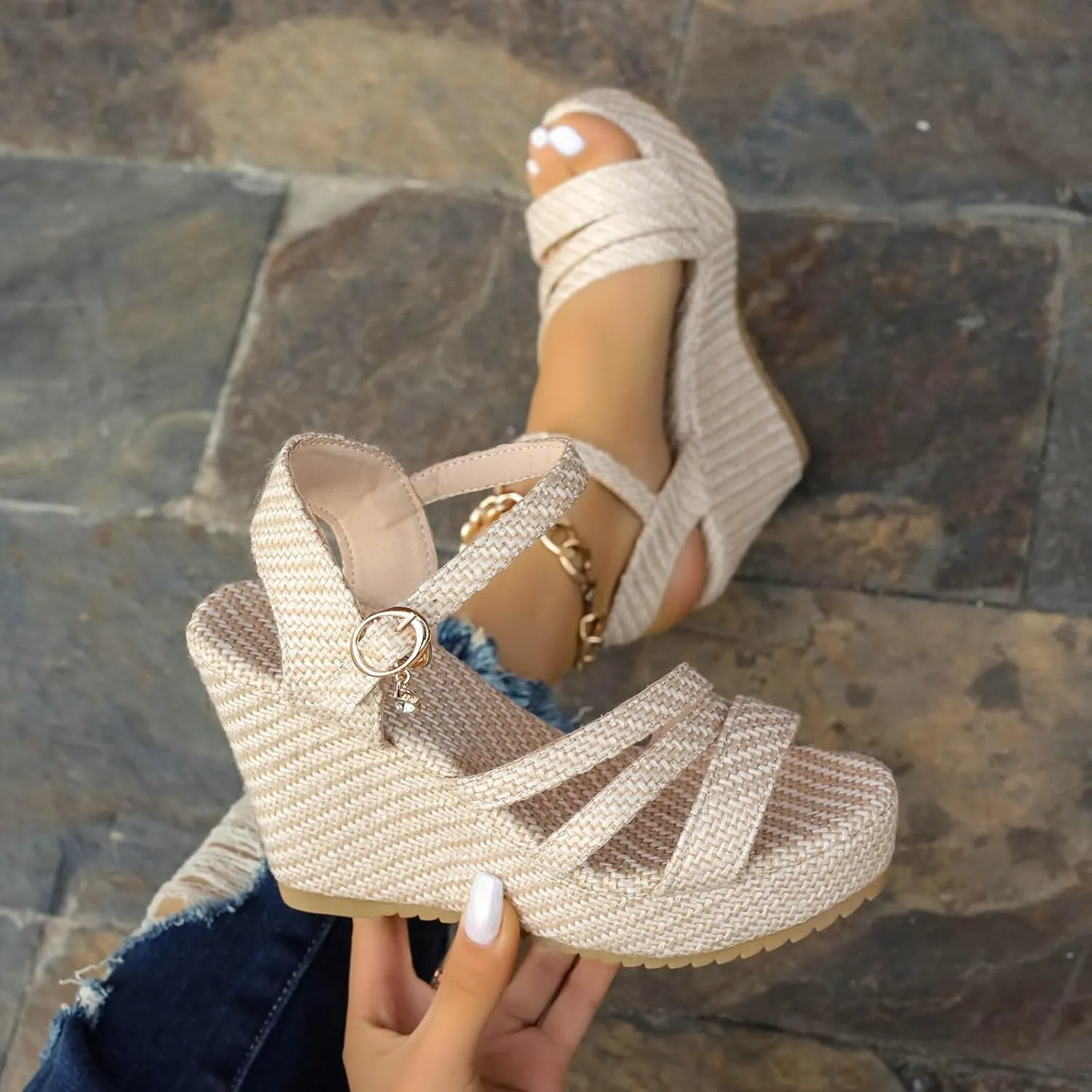 SuanlaTDS Womens Espadrilles Wedge Sandals Platform 2025 Dressy Open Toe Buckle Ankle Strap Summer Shoes Espadrille Chunky High Heels Elegant Slingback Wedges Sandal for Party Wedding