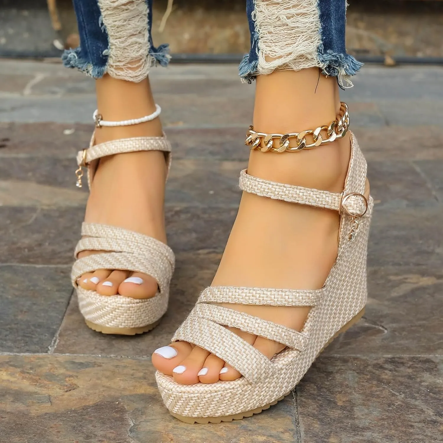 SuanlaTDS Womens Espadrilles Wedge Sandals Platform 2025 Dressy Open Toe Buckle Ankle Strap Summer Shoes Espadrille Chunky High Heels Elegant Slingback Wedges Sandal for Party Wedding