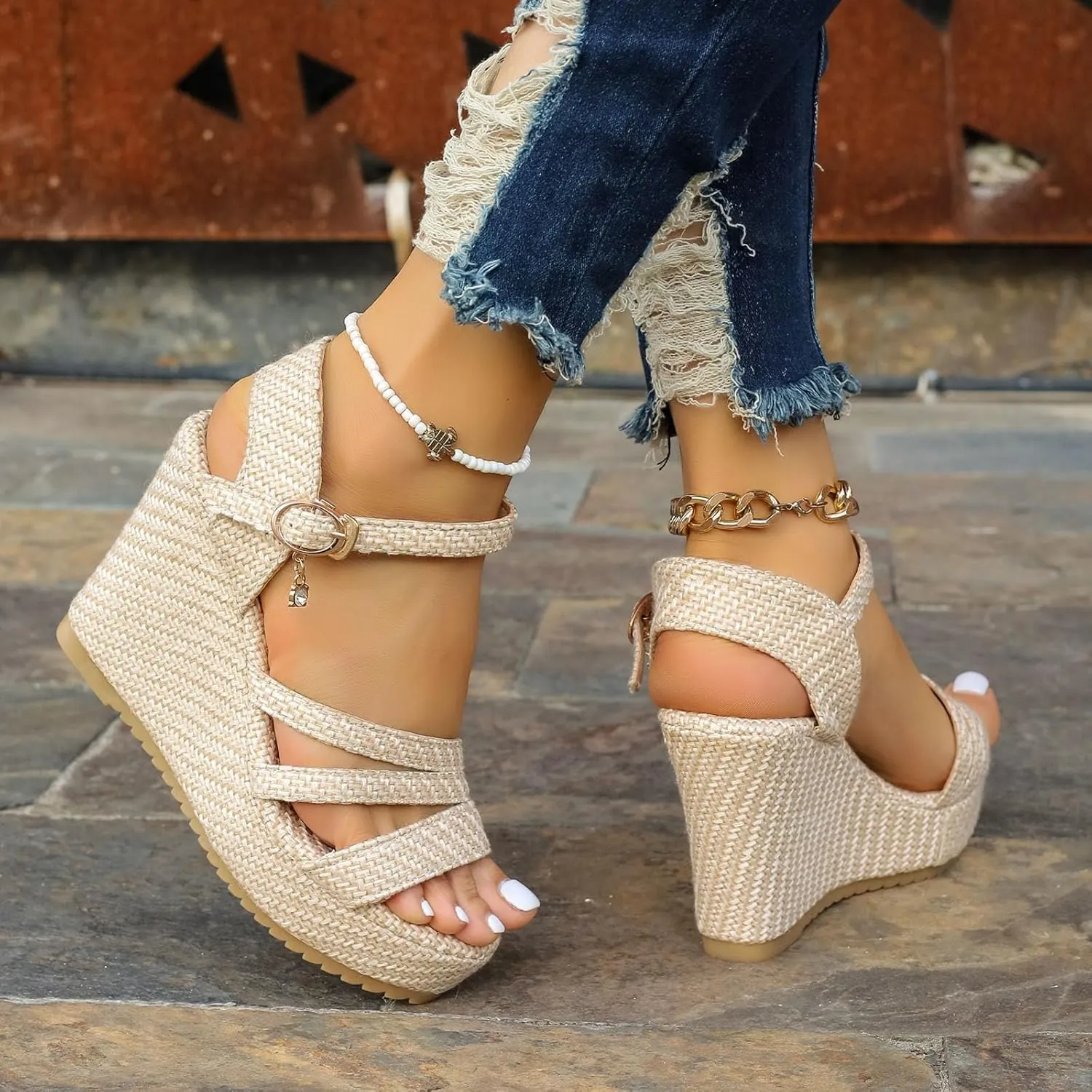 SuanlaTDS Womens Espadrilles Wedge Sandals Platform 2025 Dressy Open Toe Buckle Ankle Strap Summer Shoes Espadrille Chunky High Heels Elegant Slingback Wedges Sandal for Party Wedding