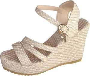 SuanlaTDS Womens Espadrilles Wedge Sandals Platform 2025 Dressy Open Toe Buckle Ankle Strap Summer Shoes Espadrille Chunky High Heels Elegant Slingback Wedges Sandal for Party Wedding