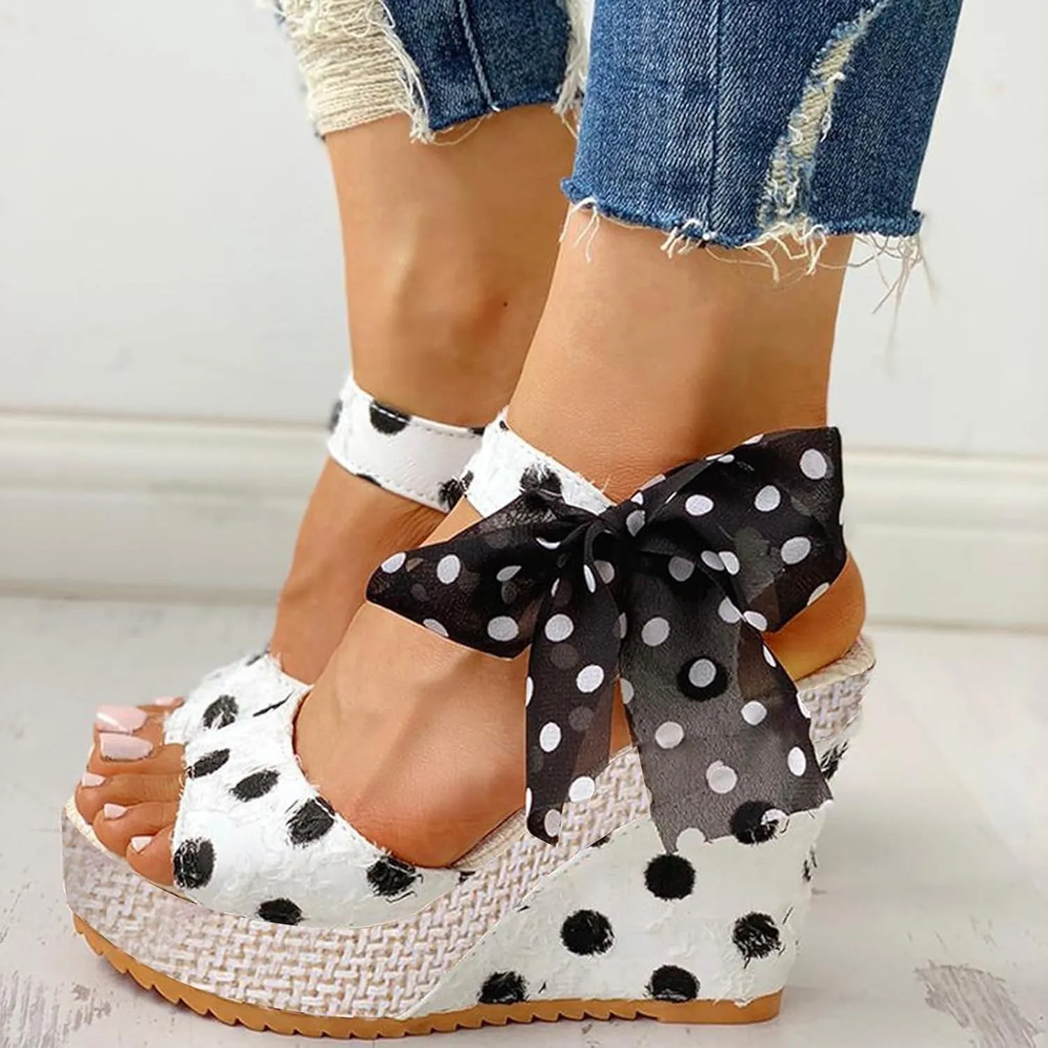 SuanlaTDS Womens Platform Espadrilles Wedge Sandals Lace Up Ankle Strap Casual Dressy Summer Beach Bohemian Comfortable Peep Toe Slingback Wedges Elegant High Heels Sandal for Party Wedding