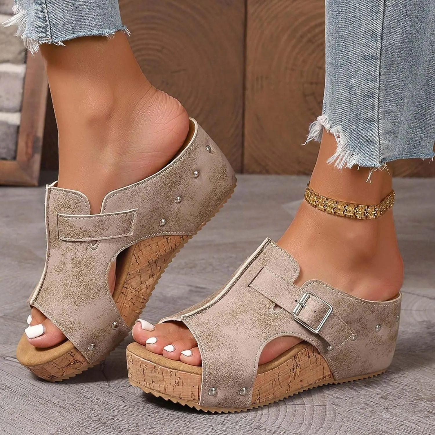 SuanlaTDS Women's Wedge Sandals Dressy Platform Open Toe Summer Slip-on Slides Slippers 2025 Casual Comfortable Retro Sexy High Heels Wedges Slide Sandal Mules for Work Party Wedding
