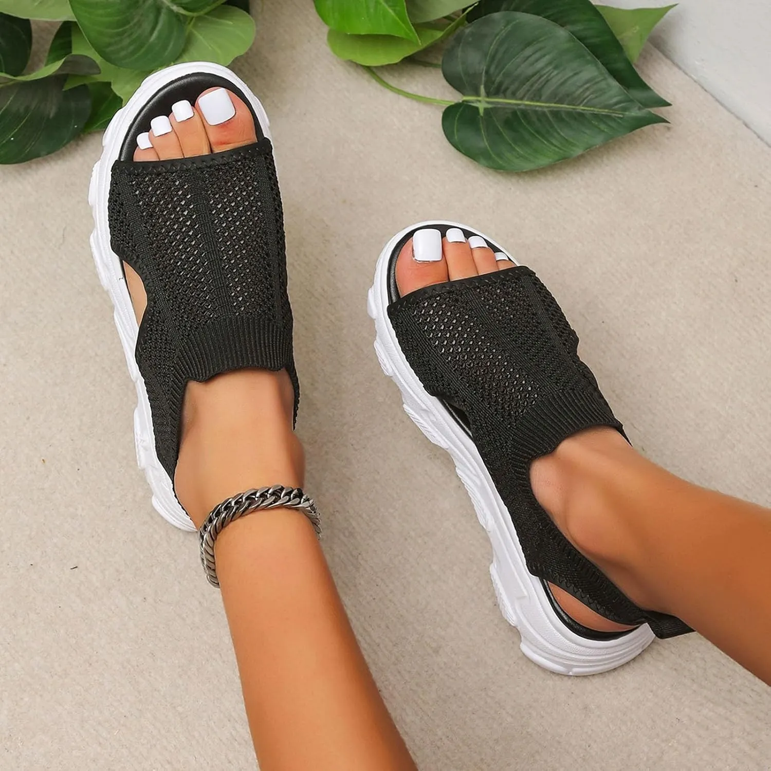 SuanlaTDS Womens Wedge Sandals Platform Walking Shoes Comfortable Open Toe Elastic Strap Slip On Mesh Thick Soled Orthopedic Sandals Low Wedges Heels Casual Summer Beach Sandals