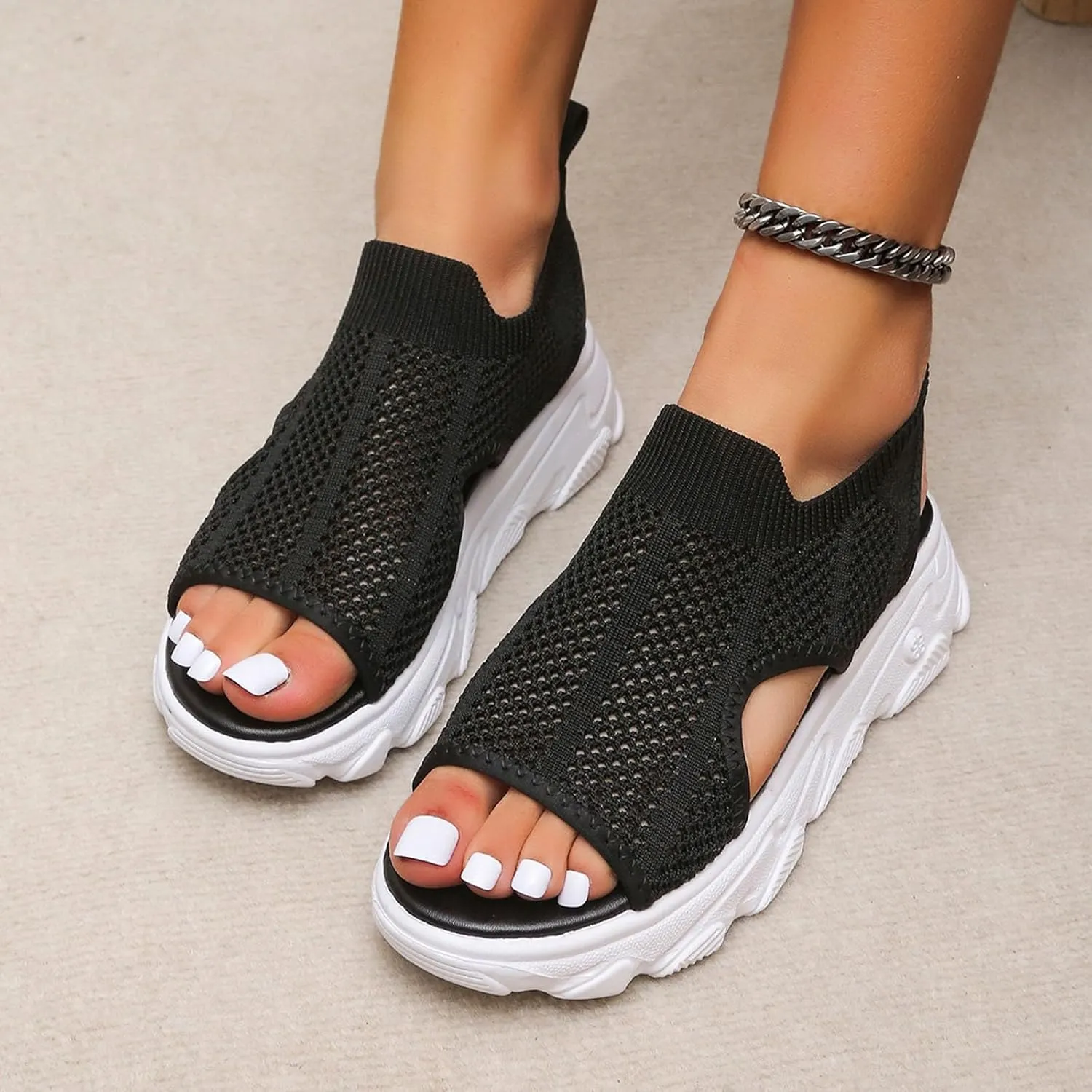 SuanlaTDS Womens Wedge Sandals Platform Walking Shoes Comfortable Open Toe Elastic Strap Slip On Mesh Thick Soled Orthopedic Sandals Low Wedges Heels Casual Summer Beach Sandals