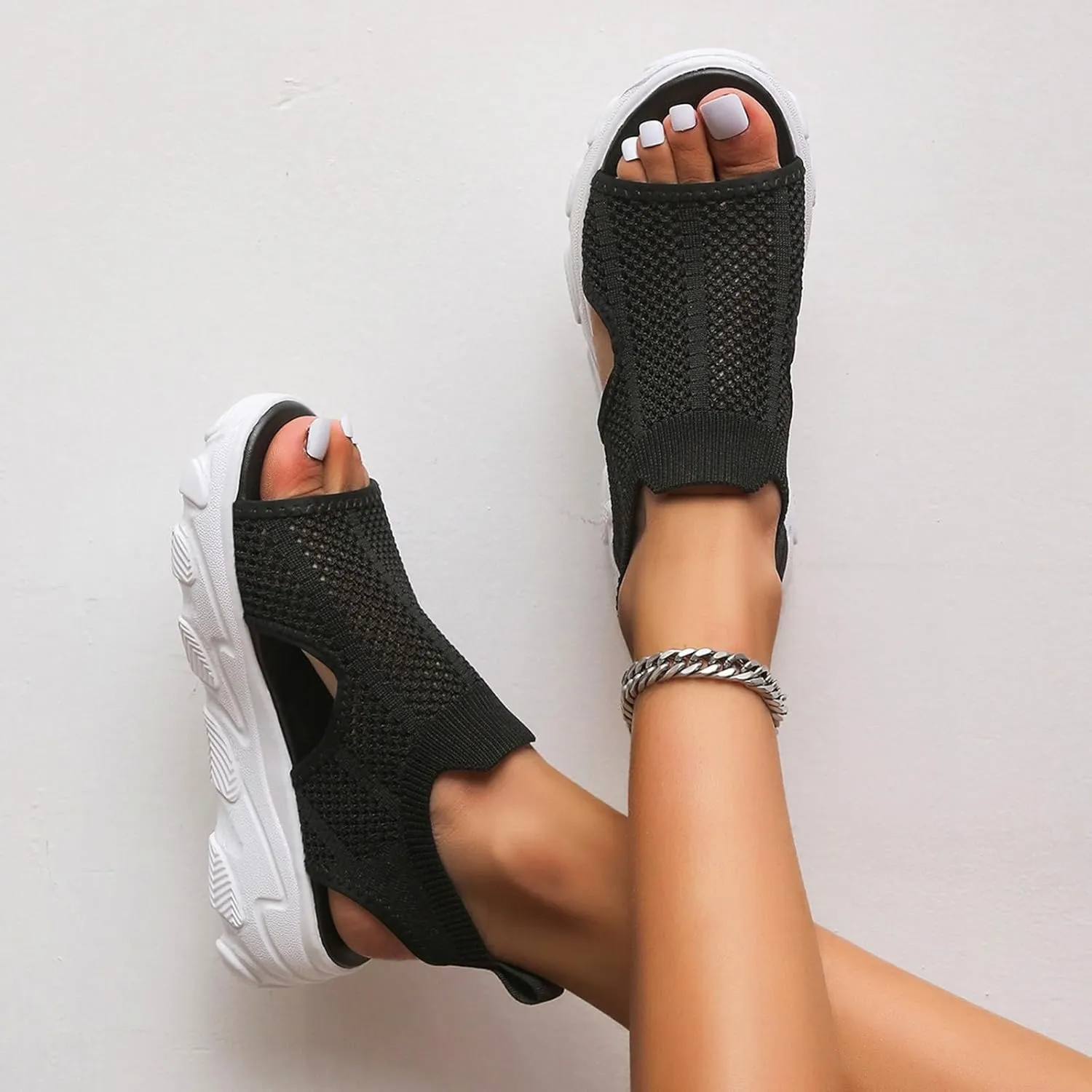 SuanlaTDS Womens Wedge Sandals Platform Walking Shoes Comfortable Open Toe Elastic Strap Slip On Mesh Thick Soled Orthopedic Sandals Low Wedges Heels Casual Summer Beach Sandals