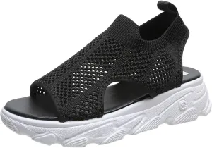 SuanlaTDS Womens Wedge Sandals Platform Walking Shoes Comfortable Open Toe Elastic Strap Slip On Mesh Thick Soled Orthopedic Sandals Low Wedges Heels Casual Summer Beach Sandals